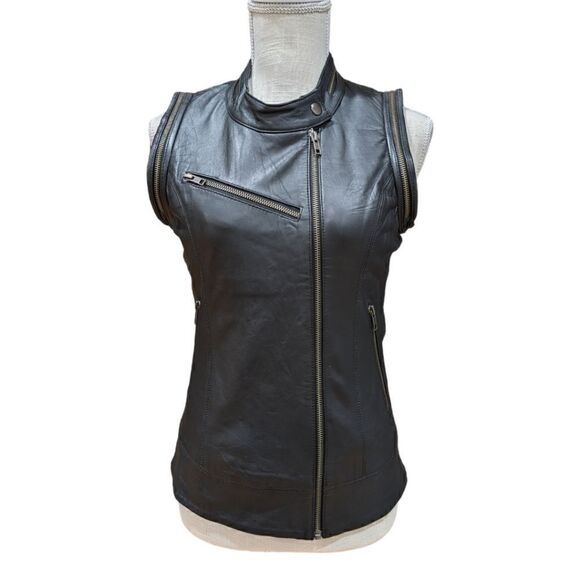 RARE GESTUZ Moto Vest Leather Gilet Zip Pocket Sleeveless Jacket Size XS/S, 36 - Picture 1 of 10